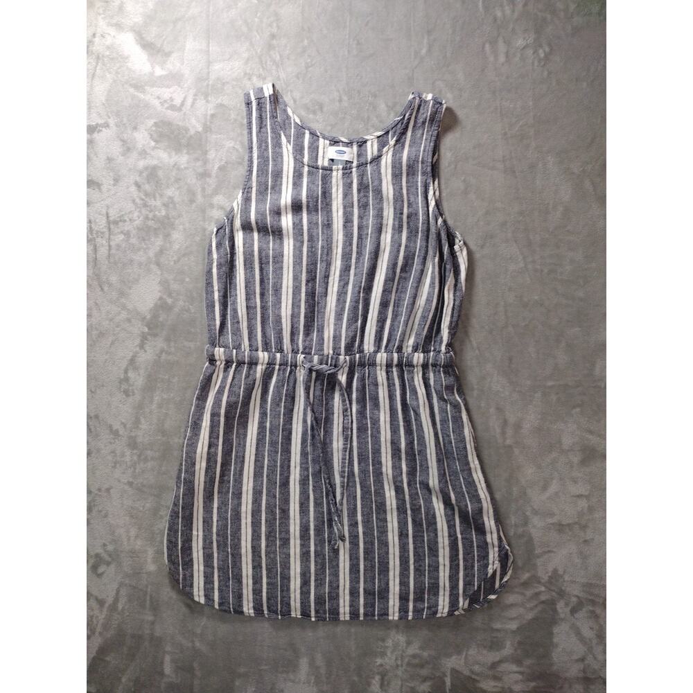 Old Navy Dress Womens L Blue White Striped Sleeveless Linen Tie Waist Vacation